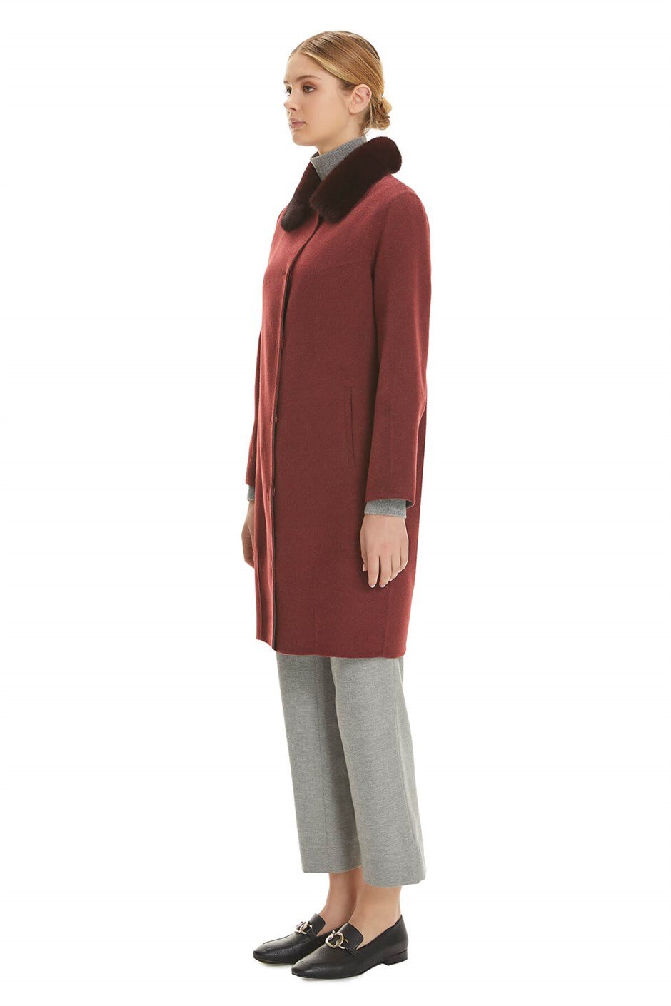 Shaky Women's Loro Piana 100% Wool Fabric Short Coat with Mink trimming Claret Red/Grey
