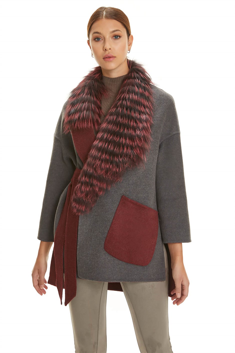 Shaky Women's Loro Piana 100% Wool Fabric Jacket with Fox trimming Claret Red/Grey