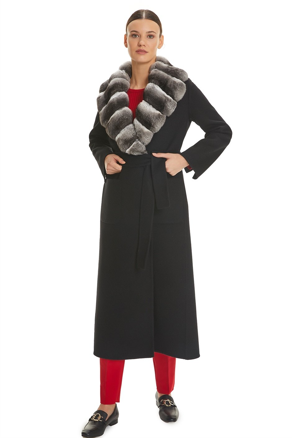 Shaky Women's Loro Piana 100% Wool Fabric Coat with Chinchilla trimming