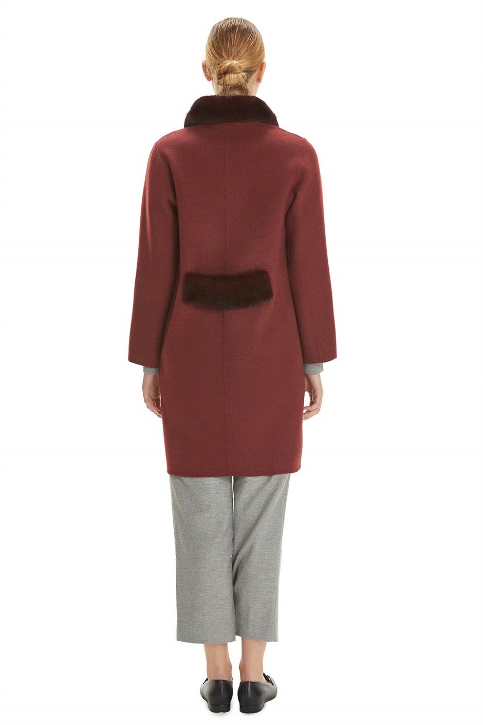 Shaky Women's Loro Piana 100% Wool Fabric Short Coat with Mink trimming Claret Red/Grey