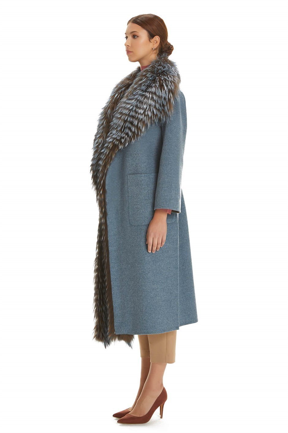 Shaky Women's Loro Piana 100% Wool Fabric Coat with Fox trimming Camel/Blue