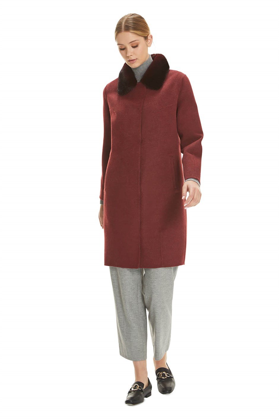 Shaky Women's Loro Piana 100% Wool Fabric Short Coat with Mink trimming Claret Red/Grey