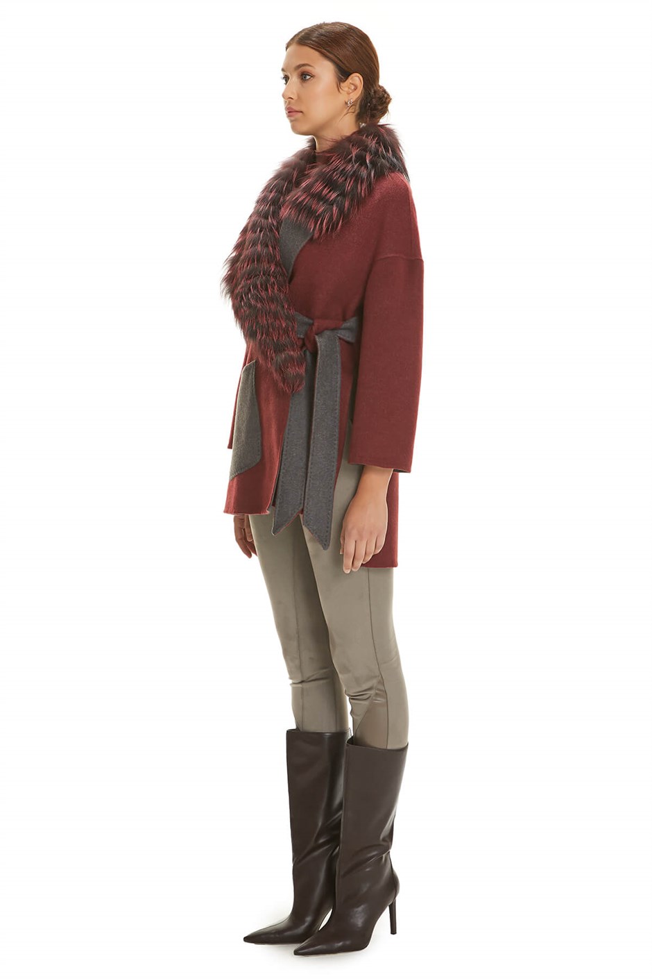 Shaky Women's Loro Piana 100% Wool Fabric Jacket with Fox trimming Claret Red/Grey