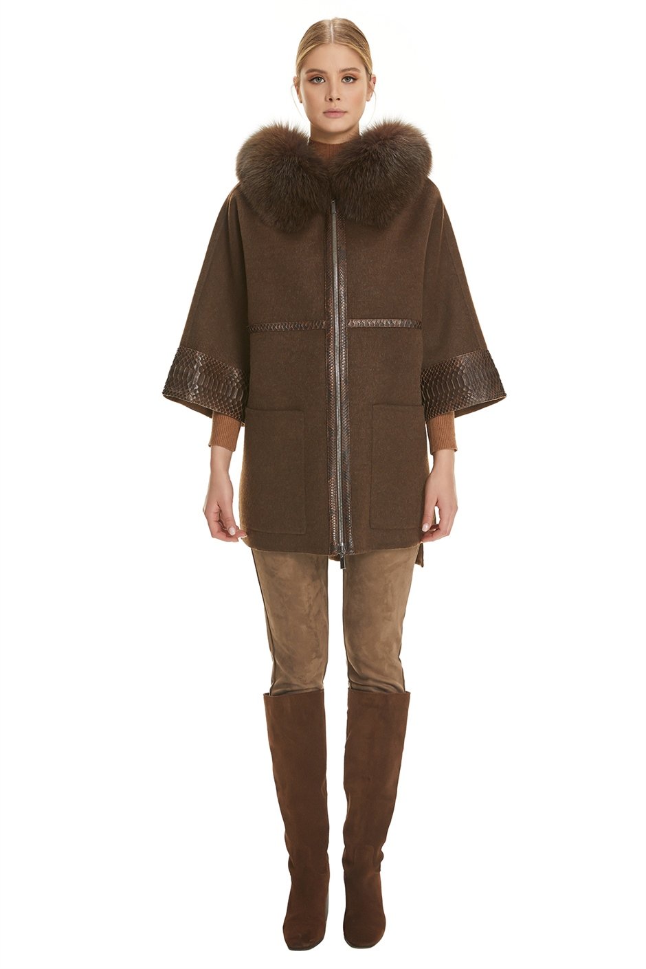 Shaky Women's Loro Piana 100% Wool Fabric Short Coat with Python and Fox trimming