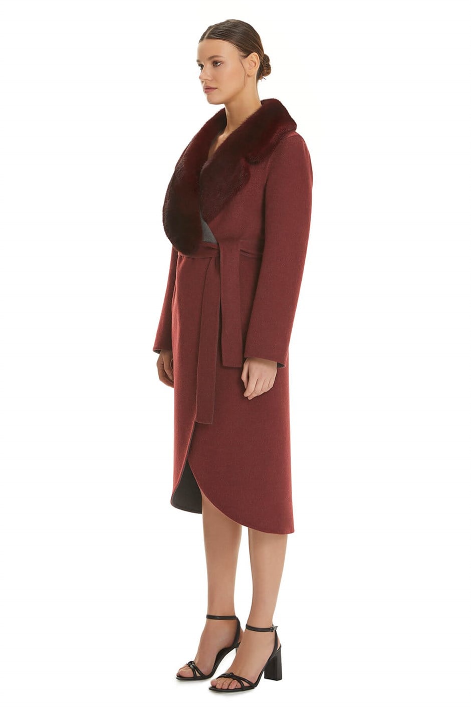 Shaky Women's Loro Piana 100% Wool Fabric Coat with Mink trimming Claret Red/Grey