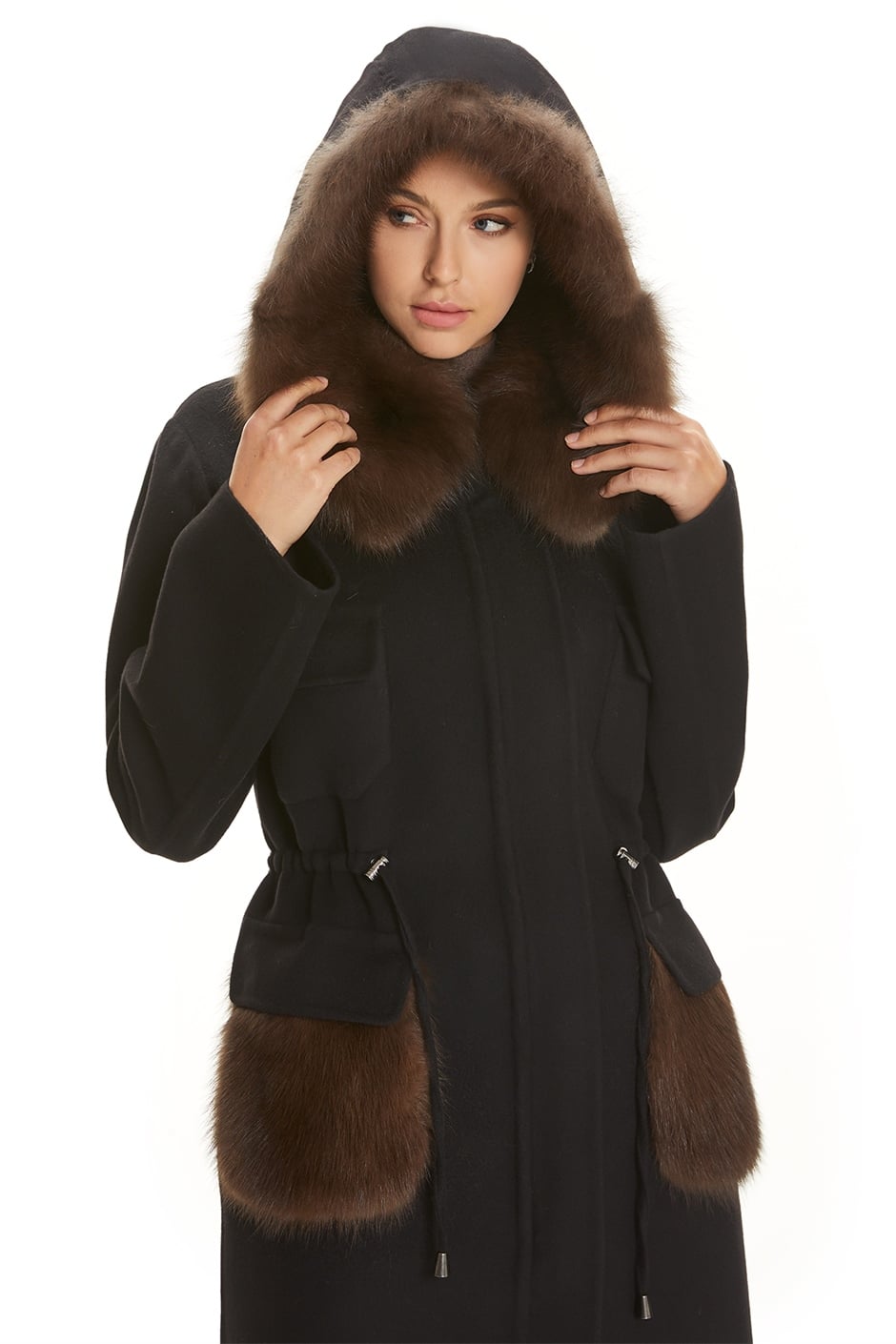 Shaky Women's Loro Piana 100% Wool Fabric Short Coat with Sable trimming