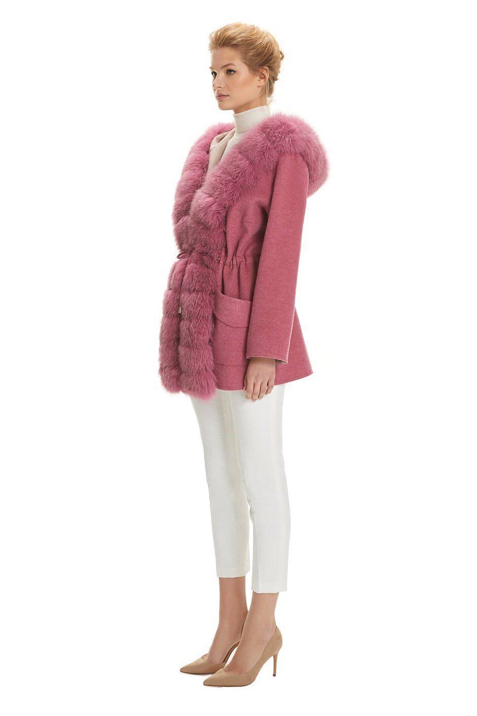 Shaky Women's Loro Piana 100% Wool Fabric Jacket with Fox trimming Pembe/Beige
