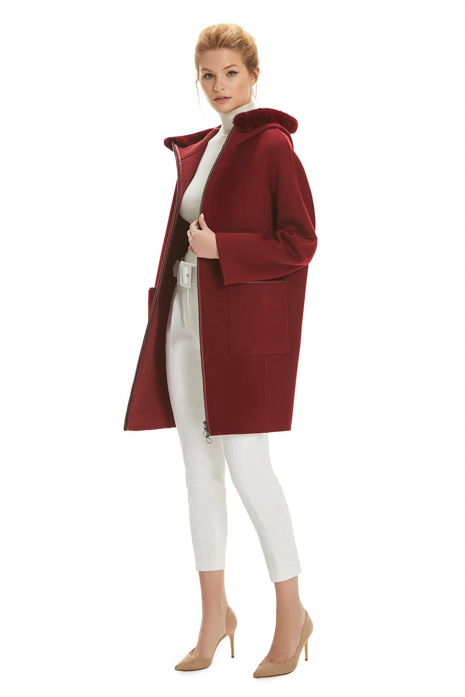 Shaky Women's Loro Piana 100% Wool Fabric Short Coat with Mink trimming Cherry