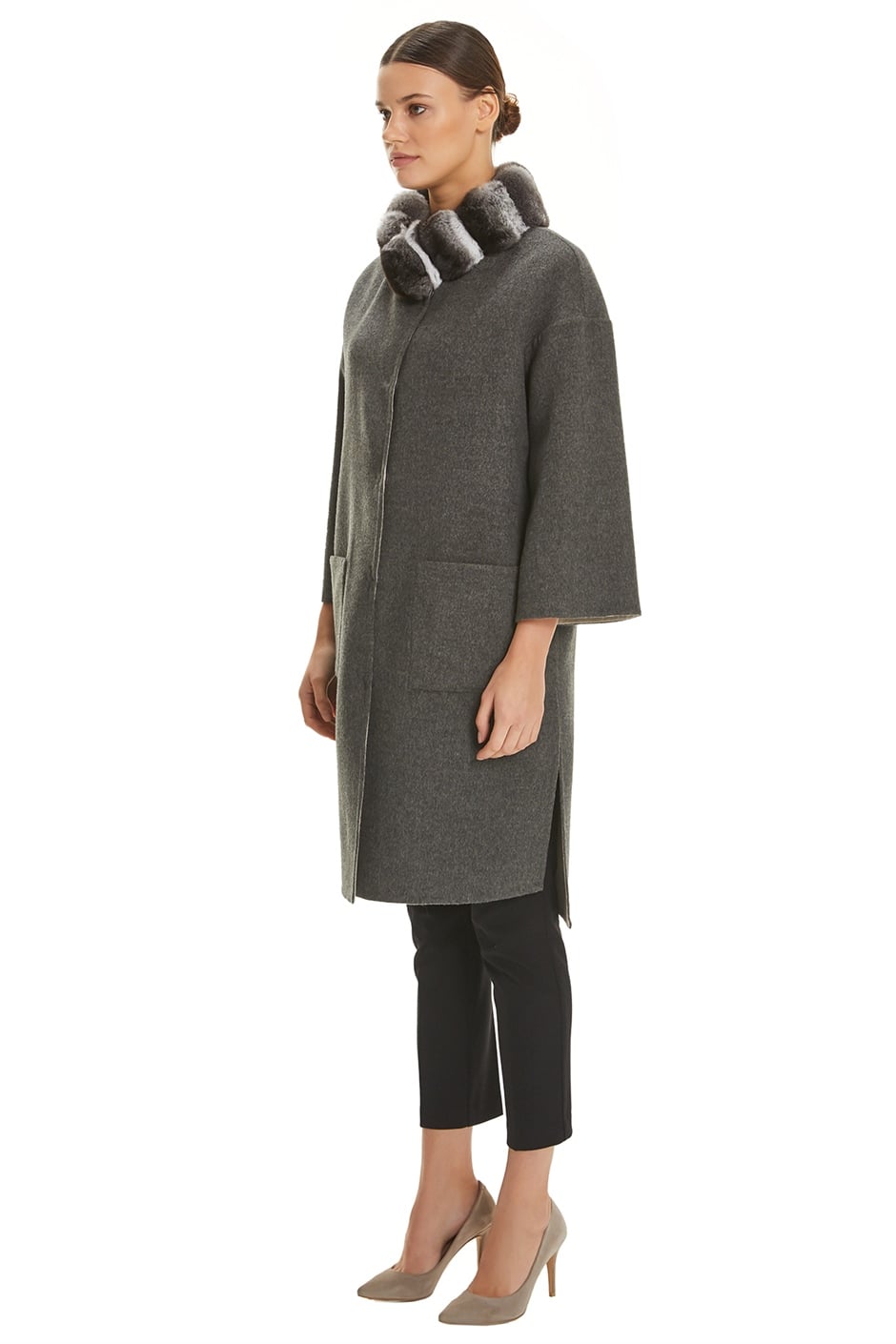 Shaky Women's Loro Piana 100% Wool Fabric Coat with Chinchilla trimming