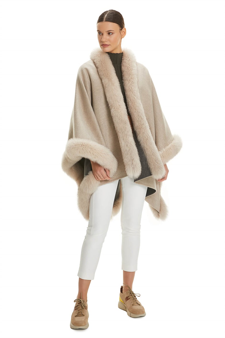 Shaky Women's Loro Piana 100% Wool Fabric Scarf with Fox trimming Beige/Grey