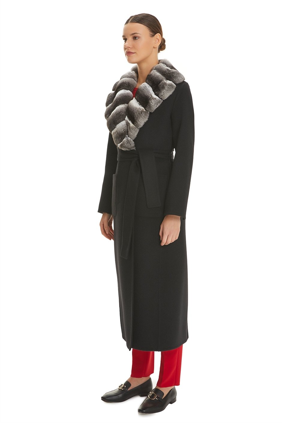 Shaky Women's Loro Piana 100% Wool Fabric Coat with Chinchilla trimming