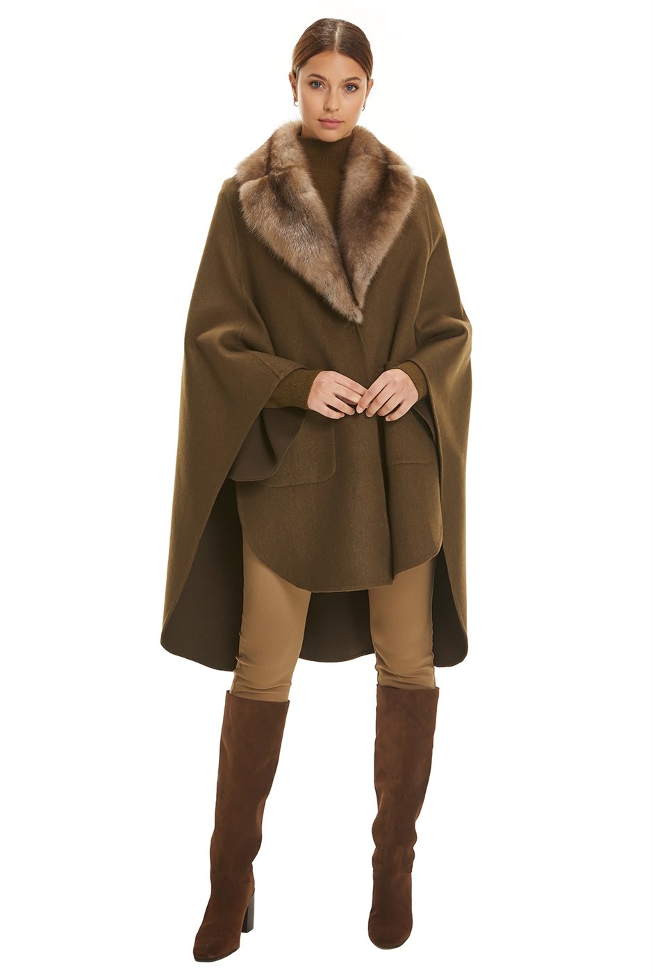 Shaky Women's Loro Piana 100% Wool Fabric Cape with Sable trimming