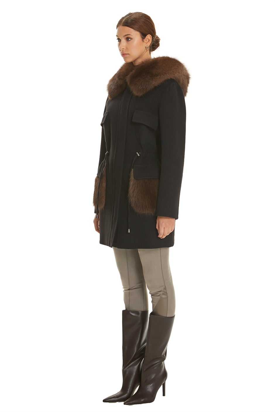 Shaky Women's Loro Piana 100% Wool Fabric Short Coat with Sable trimming