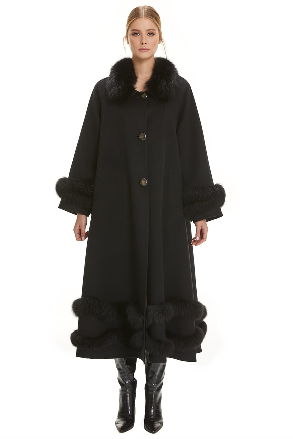 Shaky Women's Loro Piana 100% Wool Fabric Coat with Fox trimming
