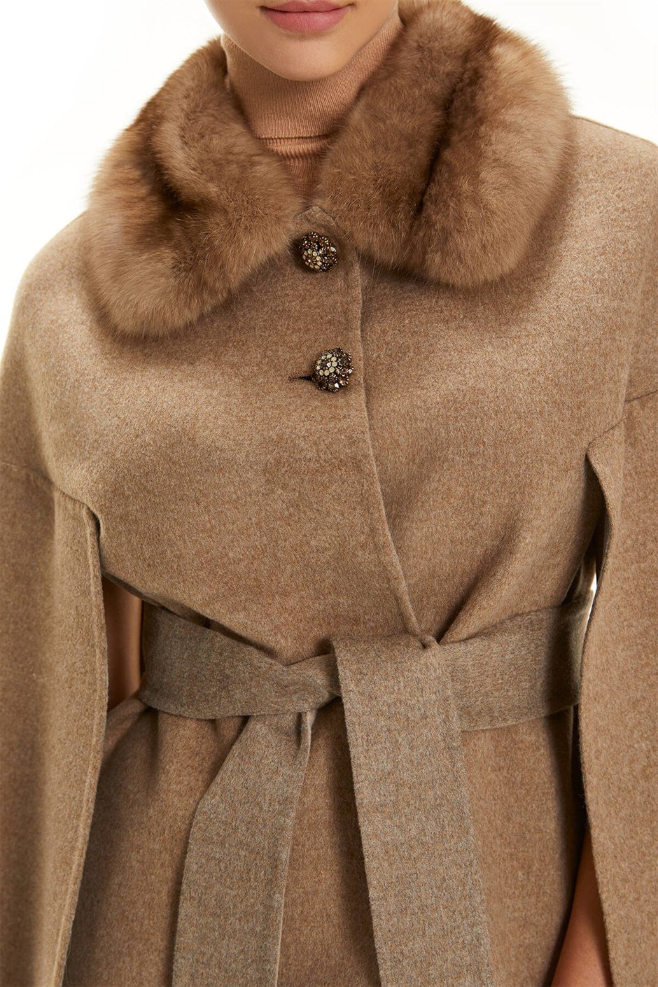 Shaky Women's Loro Piana 100% Wool Fabric Jacket with Sable trimming Camel/Grey
