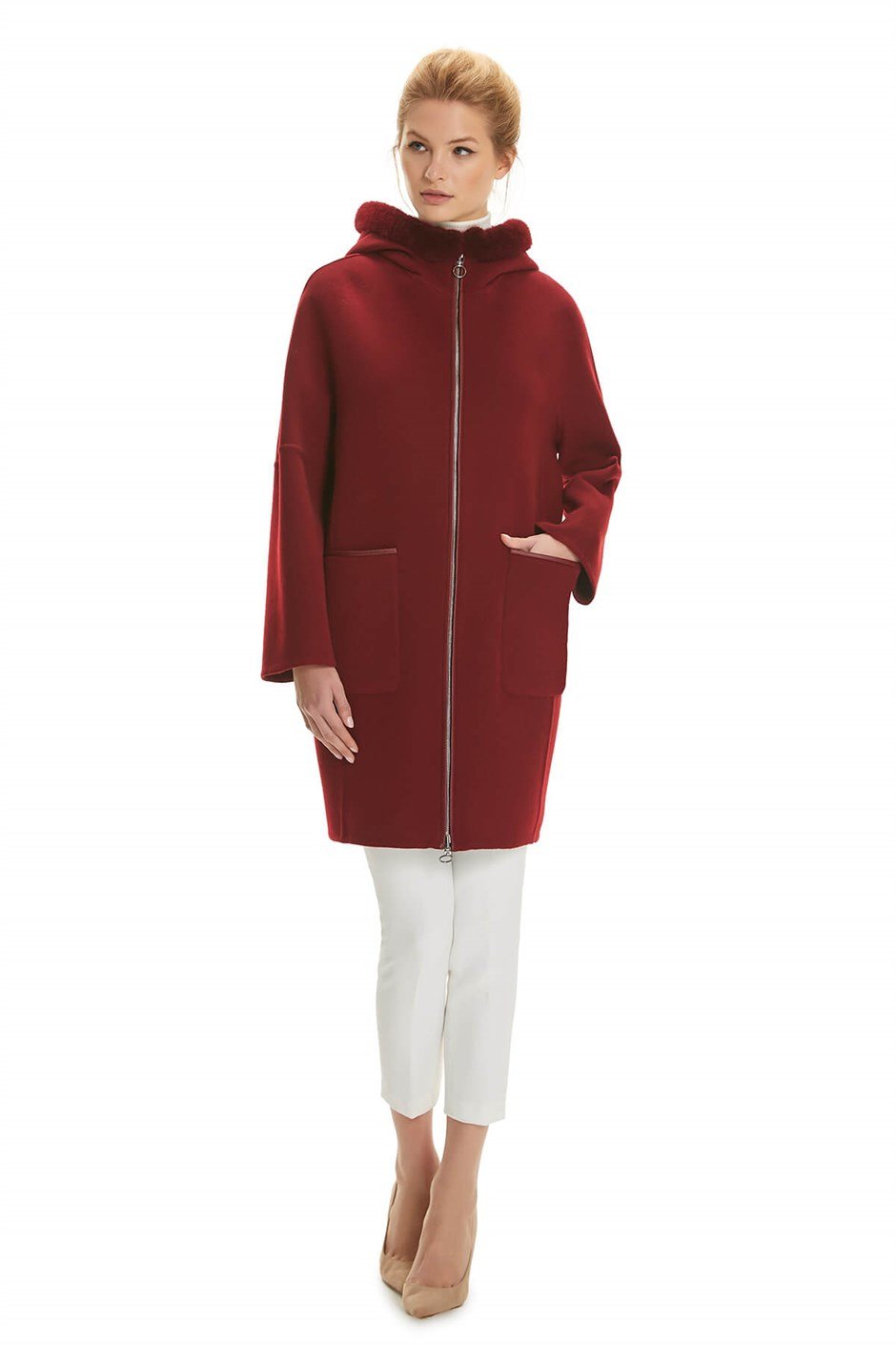 Shaky Women's Loro Piana 100% Wool Fabric Short Coat with Mink trimming Cherry