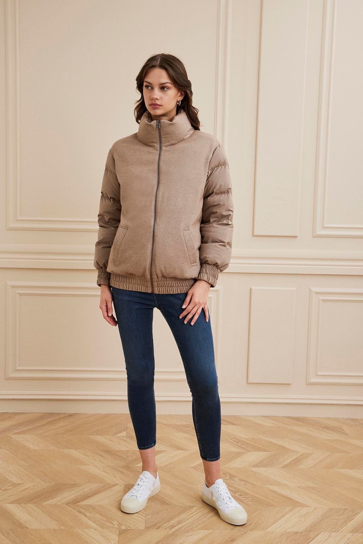 Shaky Women's Loro Piana 50% Cashmere 50% Silk Fabric And Nylon Fabric Jacket Dark Beige