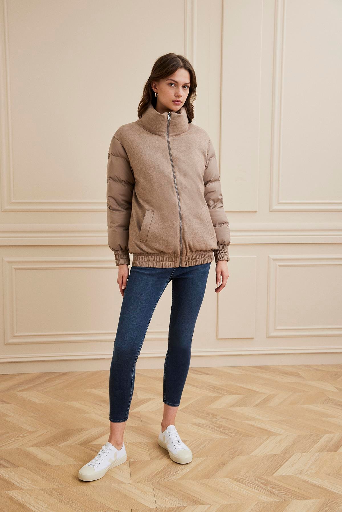 Shaky Women's Loro Piana 50% Cashmere 50% Silk Fabric And Nylon Fabric Jacket Dark Beige