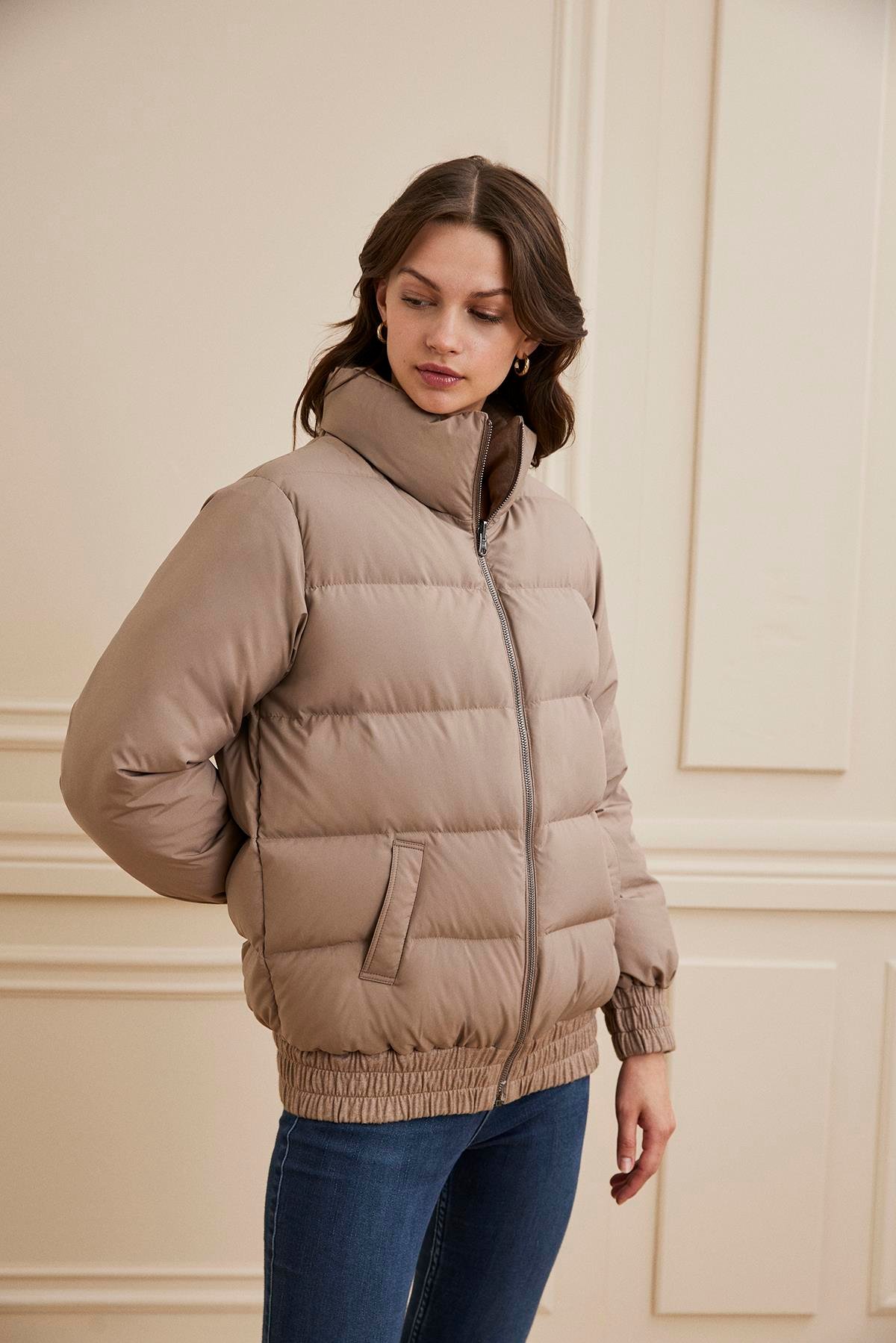 Shaky Women's Loro Piana 50% Cashmere 50% Silk Fabric And Nylon Fabric Jacket Dark Beige