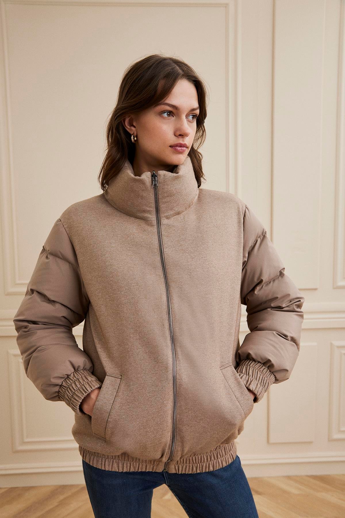 Shaky Women's Loro Piana 50% Cashmere 50% Silk Fabric And Nylon Fabric Jacket Dark Beige