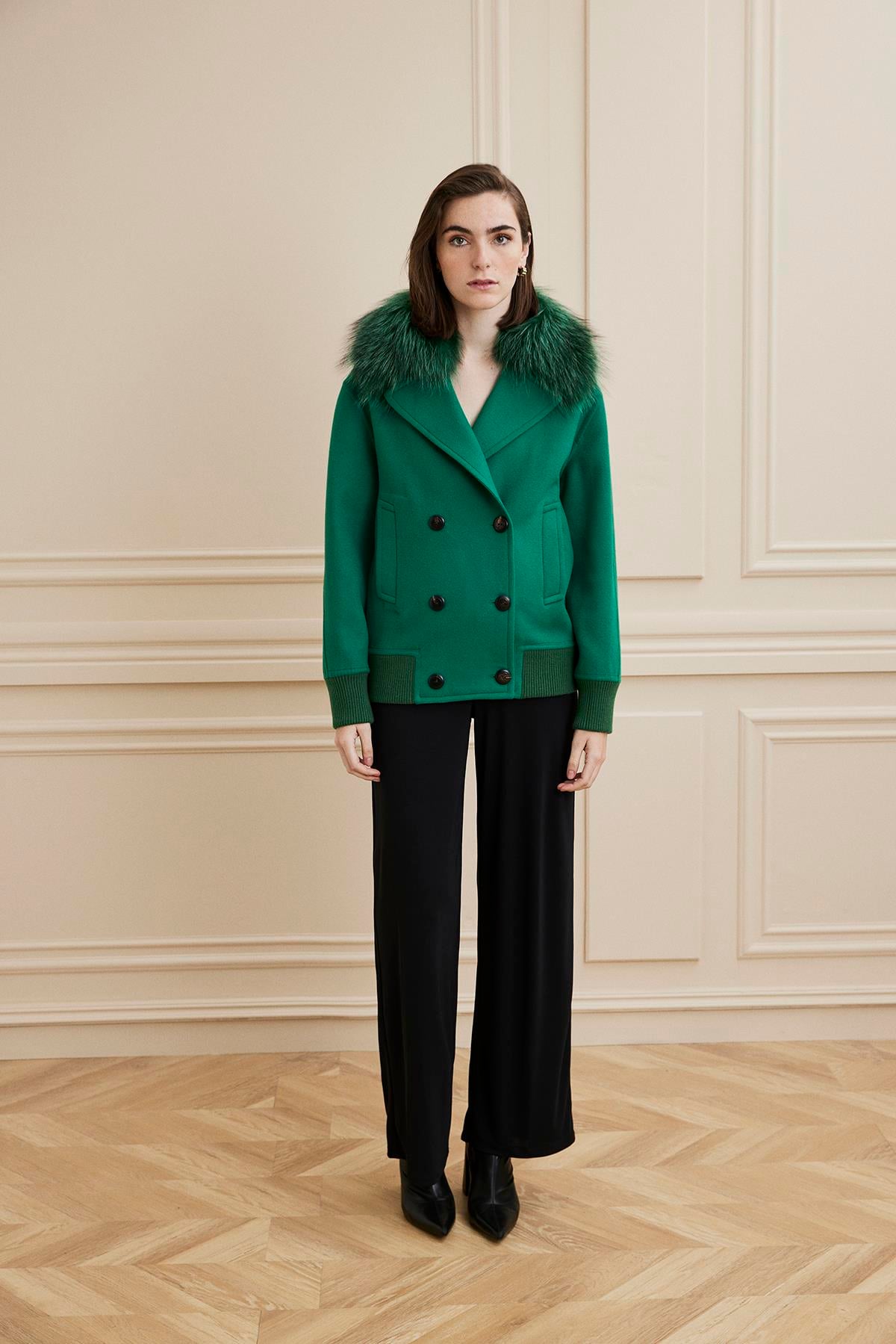 Shaky Women's Loro Piana 93% Wool 7% Cashmere Fabric Jacket With Fox Trimming Green