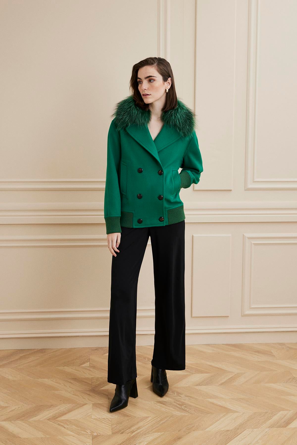 Shaky Women's Loro Piana 93% Wool 7% Cashmere Fabric Jacket With Fox Trimming Green