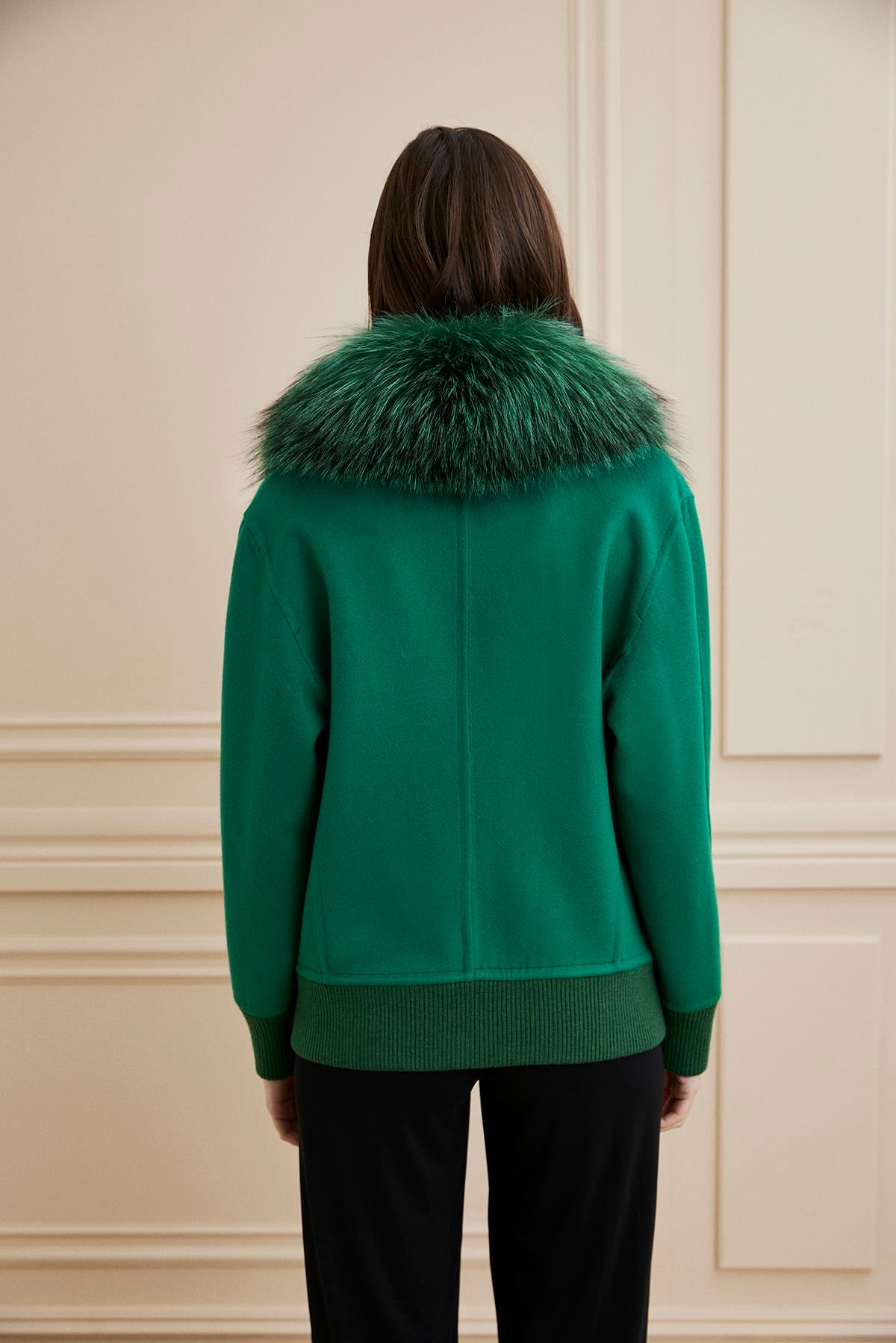 Shaky Women's Loro Piana 93% Wool 7% Cashmere Fabric Jacket With Fox Trimming Green