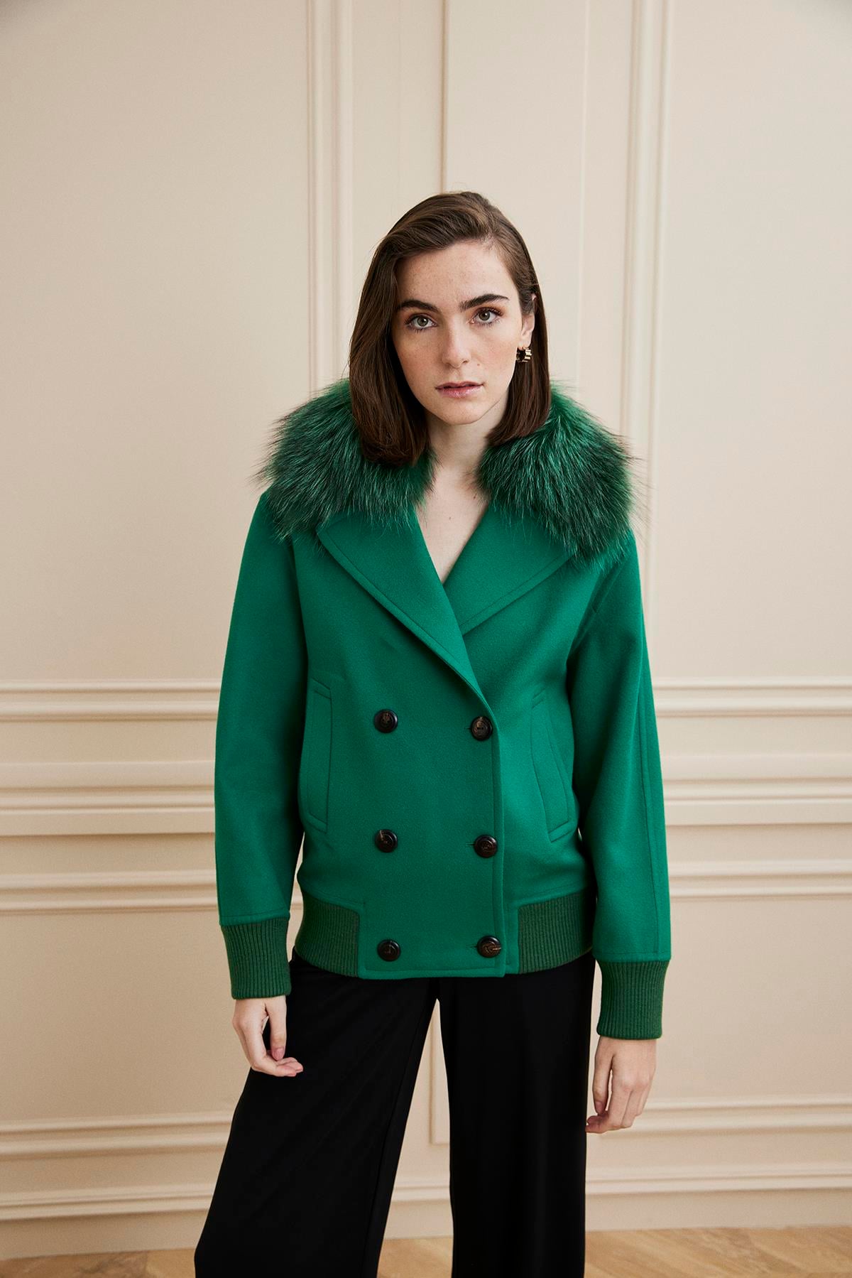 Shaky Women's Loro Piana 93% Wool 7% Cashmere Fabric Jacket With Fox Trimming Green