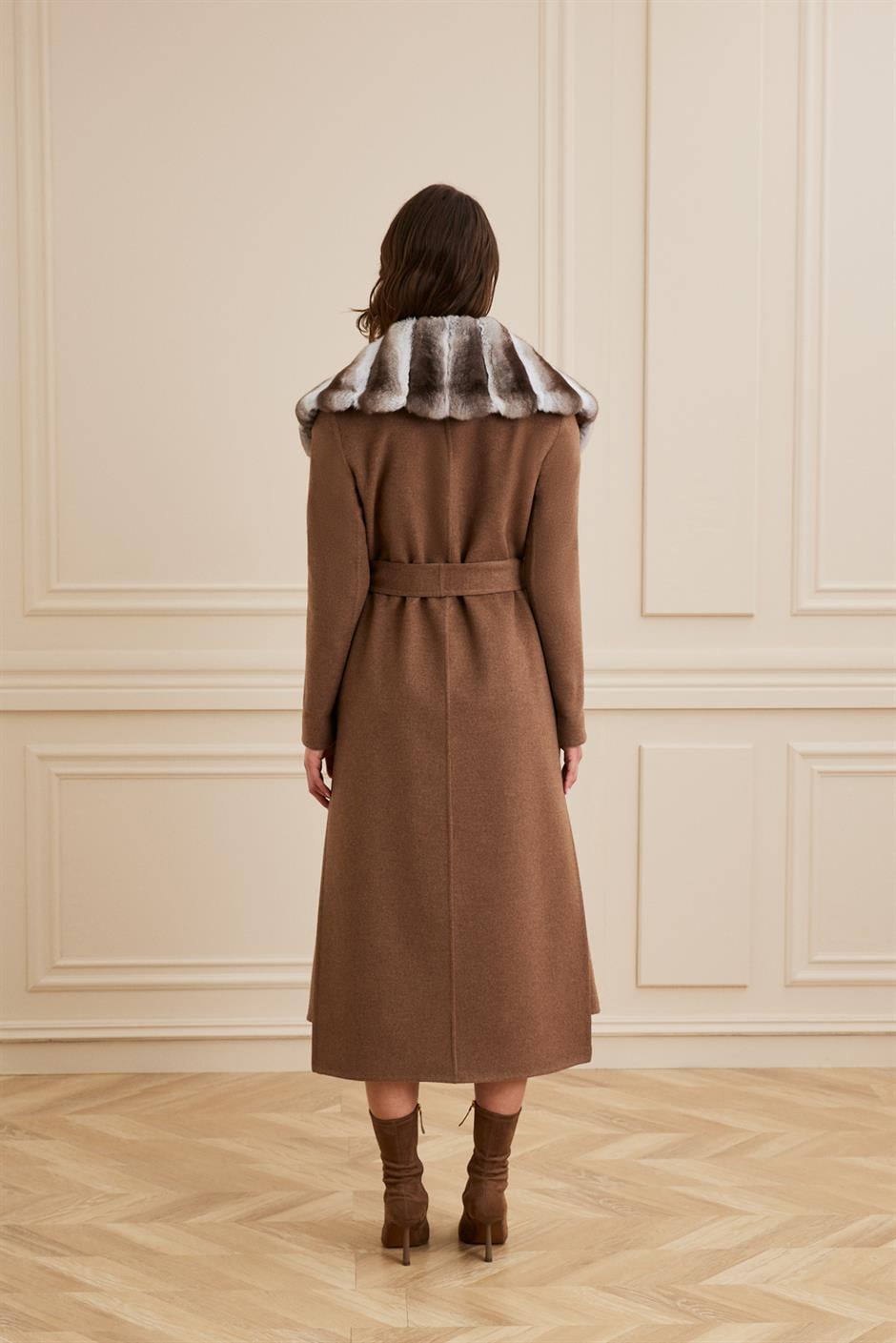 Shaky Women's Loro Piana 93% Wool 7% Cashmere Fabric Coat with Chinchilla trimming Dark Brown