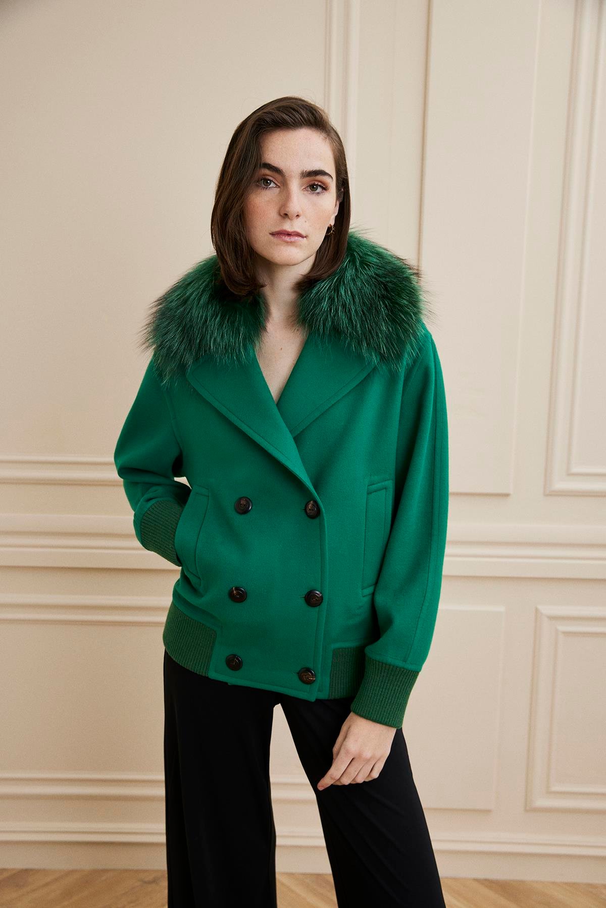 Shaky Women's Loro Piana 93% Wool 7% Cashmere Fabric Jacket With Fox Trimming Green