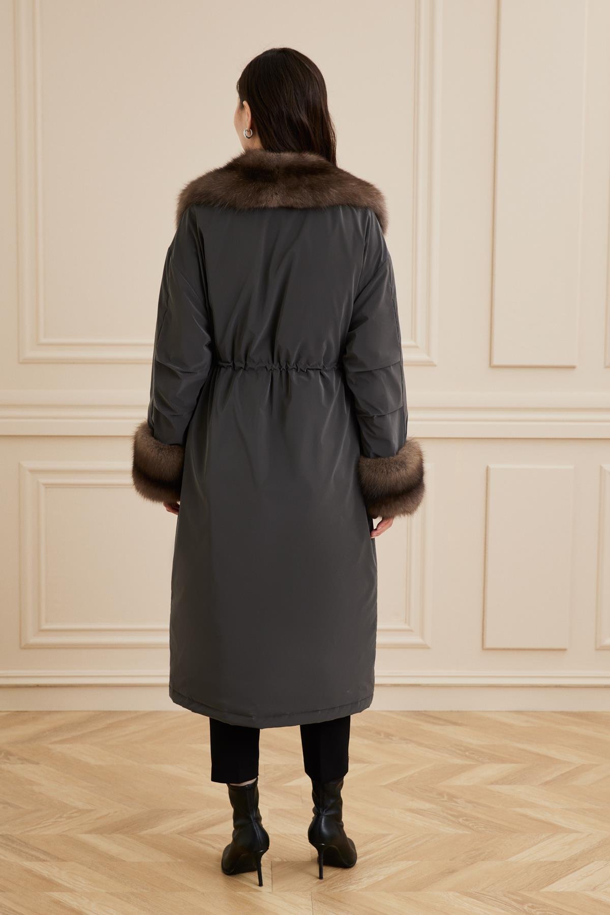 Shaky Women's Nylon Fabric Coat With Sable Trimming Sand Color