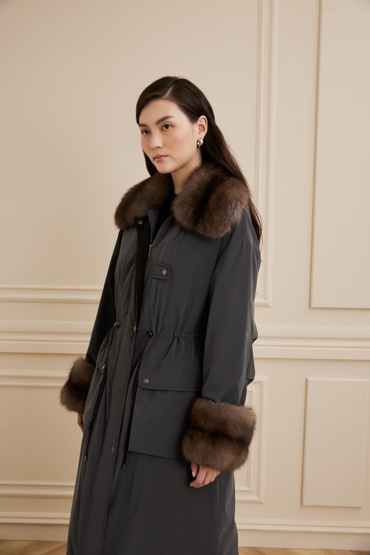 Shaky Women's Nylon Fabric Coat With Sable Trimming Sand Color