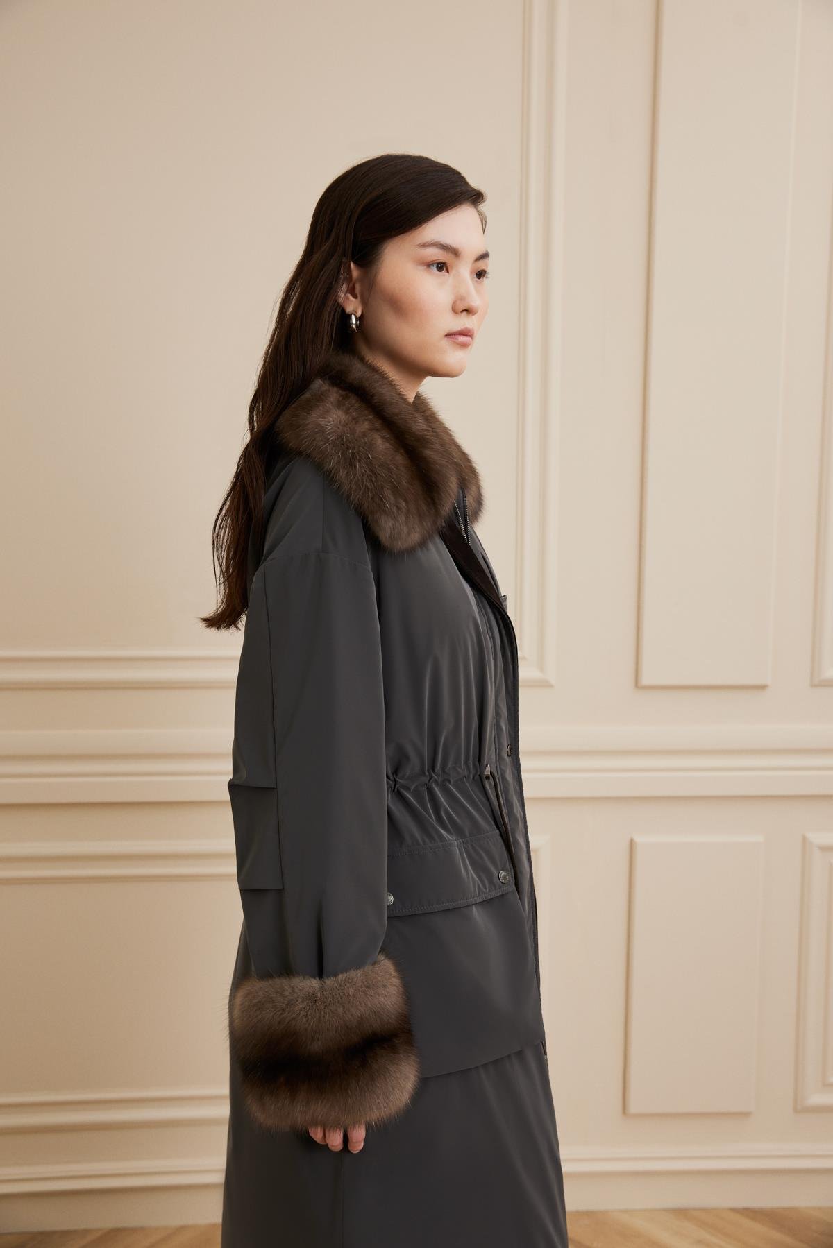 Shaky Women's Nylon Fabric Coat With Sable Trimming Sand Color