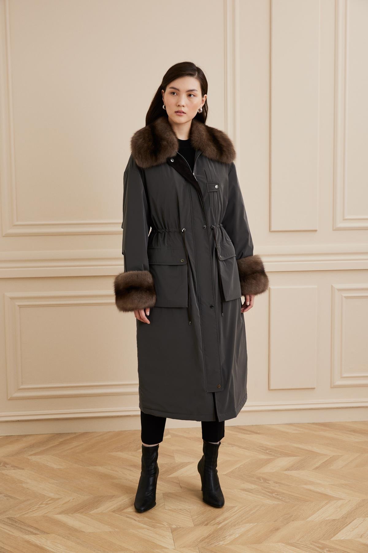 Shaky Women's Nylon Fabric Coat With Sable Trimming Sand Color