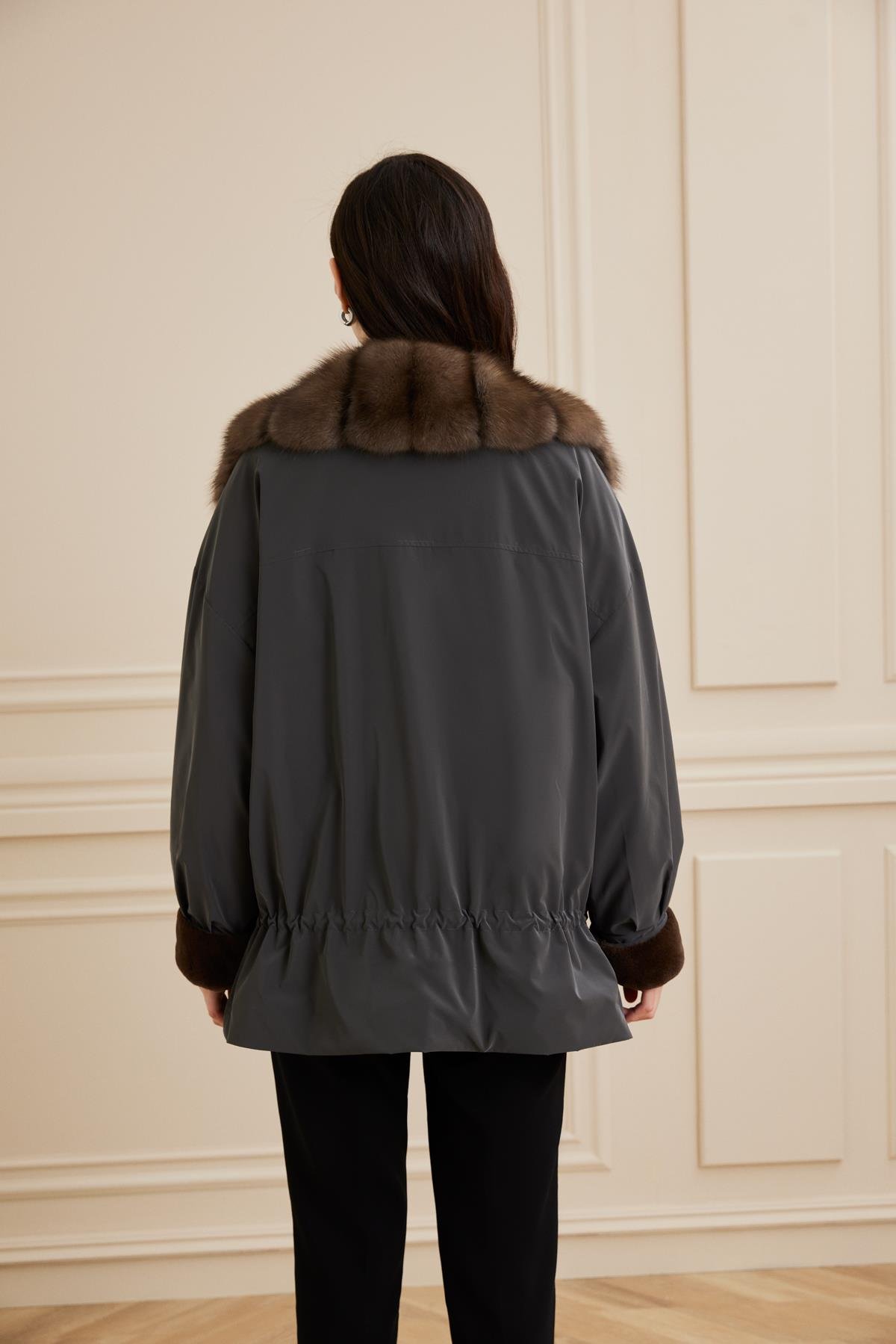 Shaky Women's Nylon Fabric Short Coat With Sable and Mink Trimming Sand Color