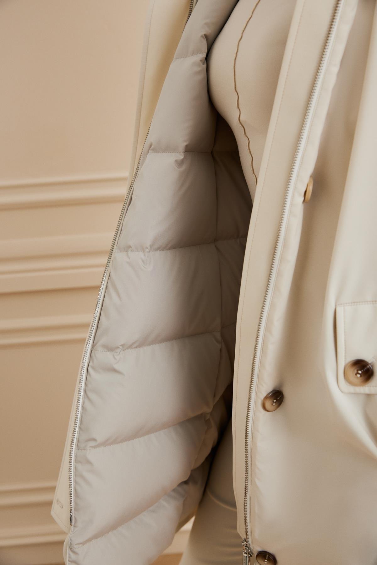 Shaky Women's Nylon Fabric Short Coat With Rex Trimming Cream C-411