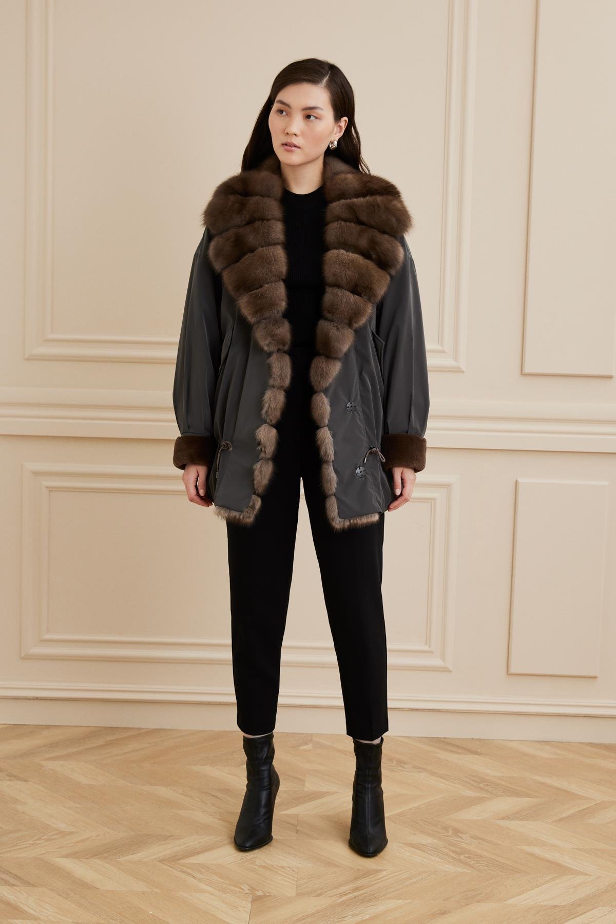 Shaky Women's Nylon Fabric Short Coat With Sable and Mink Trimming Sand Color