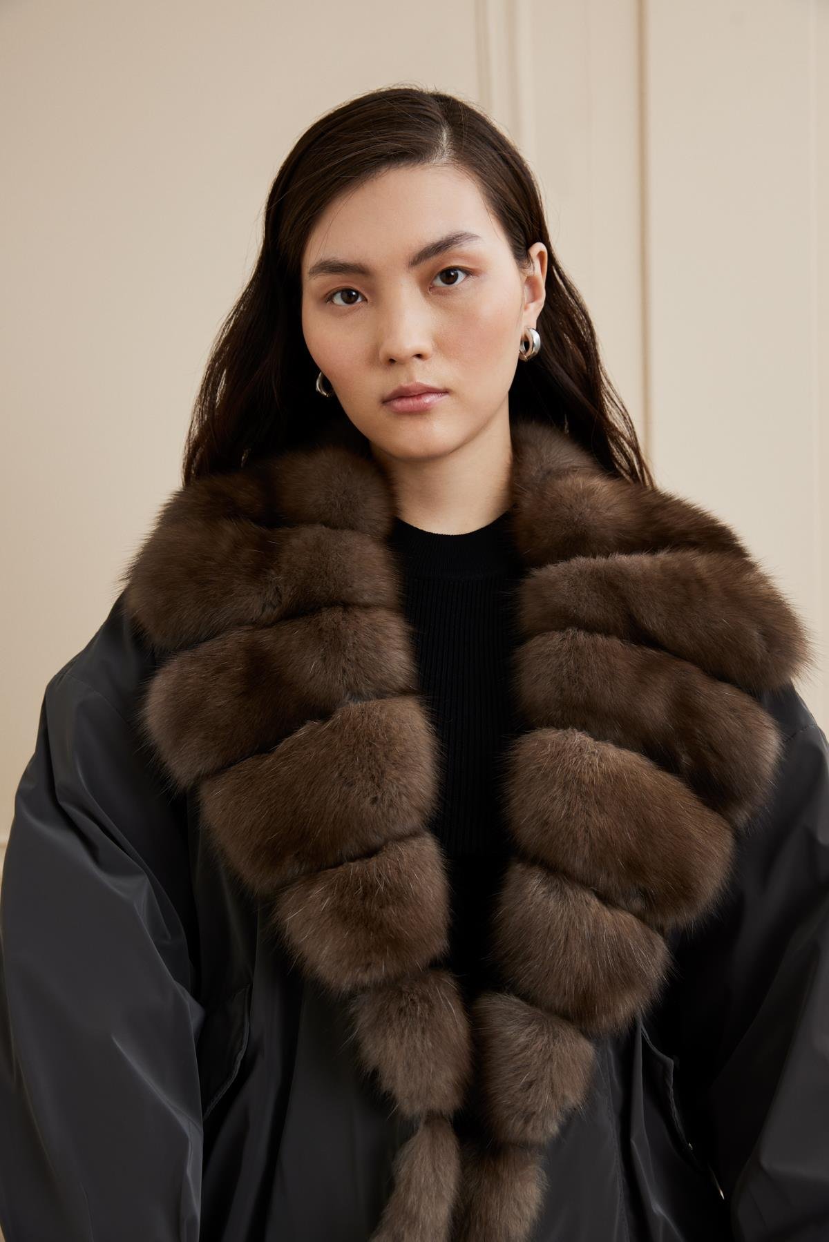 Shaky Women's Nylon Fabric Short Coat With Sable and Mink Trimming Sand Color