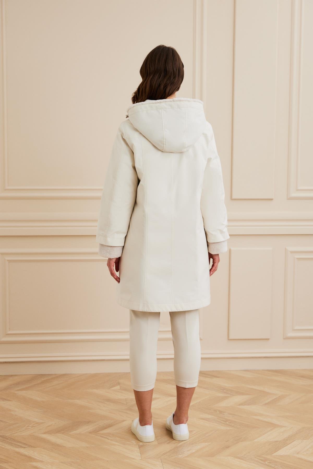 Shaky Women's Nylon Fabric Short Coat With Rex Trimming Cream C-411