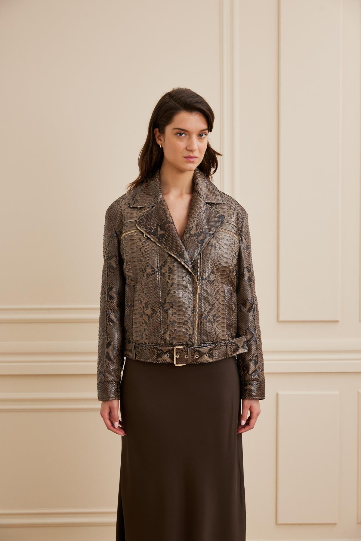 Shaky Women's Python Jacket With Mink Trimming Unbleached Beige