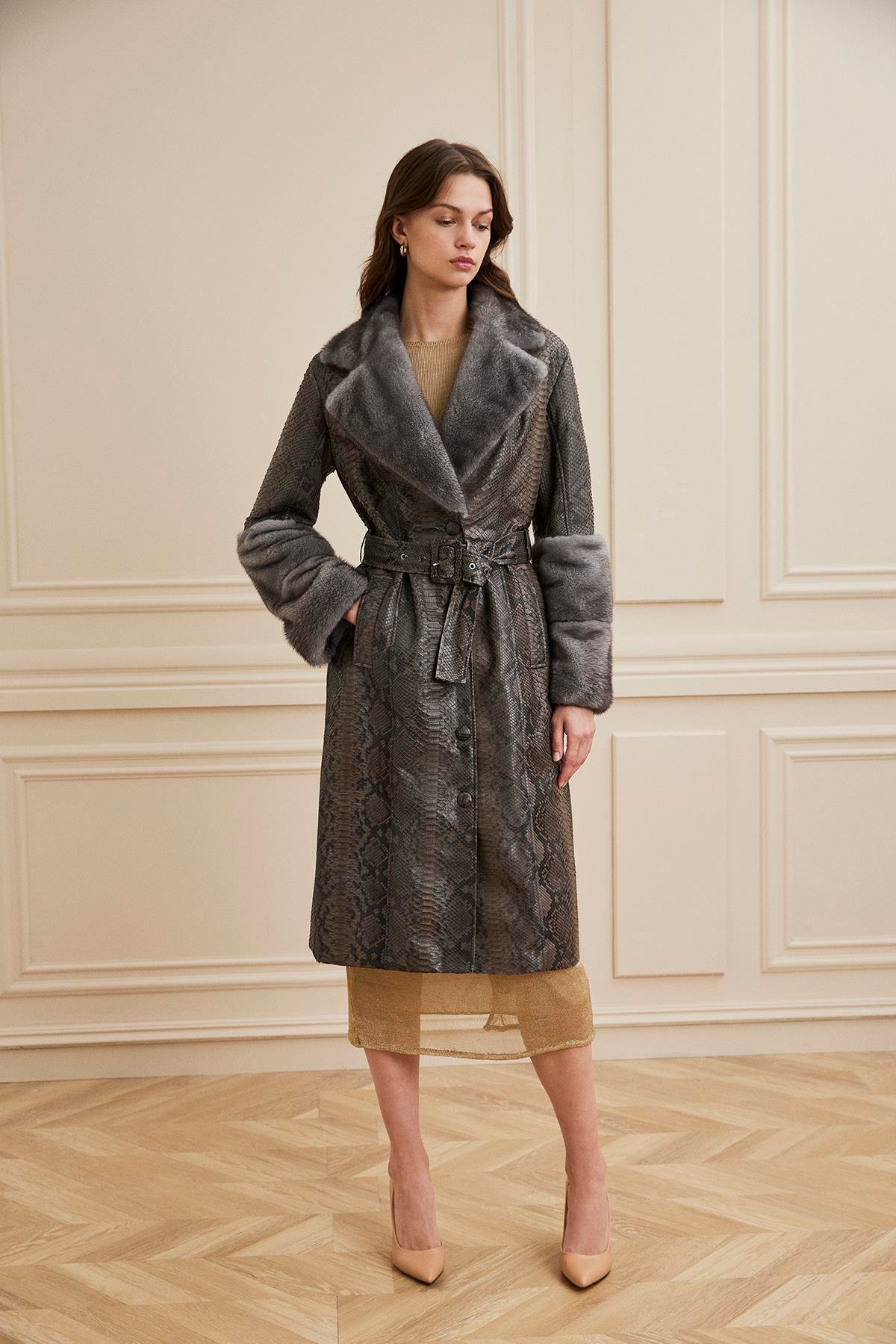 Shaky Women's Python Short Coat With Mink Trimming Dark Grey