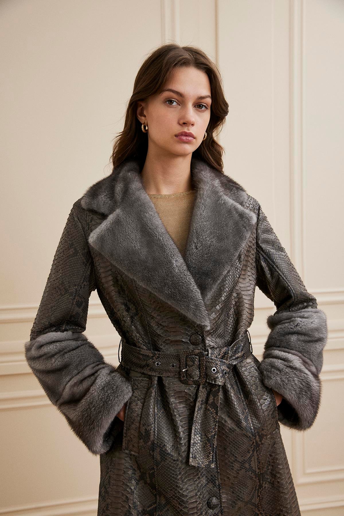 Shaky Women's Python Short Coat With Mink Trimming Dark Grey