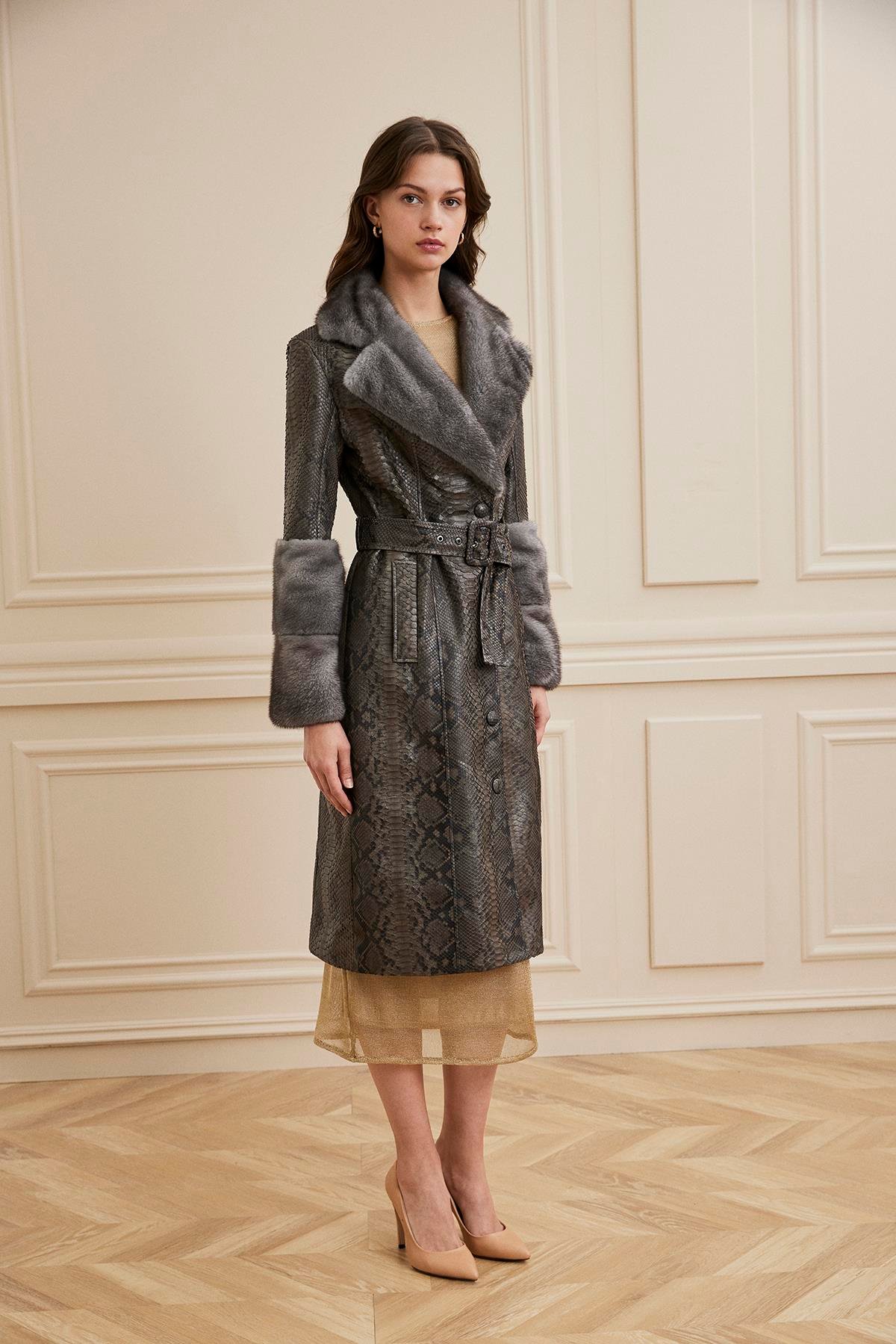 Shaky Women's Python Short Coat With Mink Trimming Dark Grey