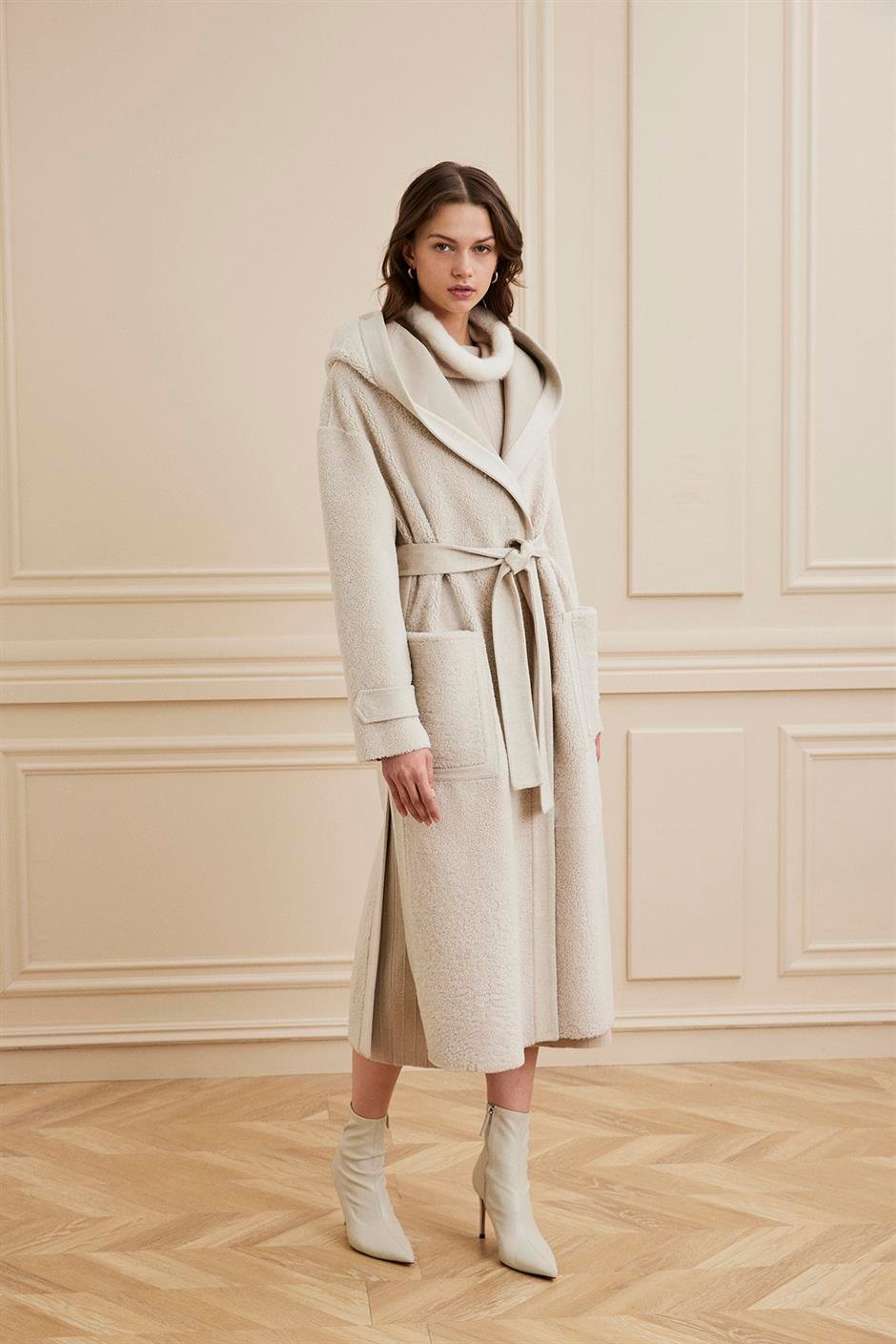 Shaky Women's Shearling Coat with Textile trimming Beige/TT5081
