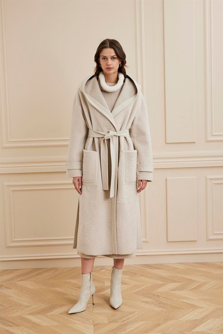 Shaky Women's Shearling Coat with Textile trimming Beige/TT5081