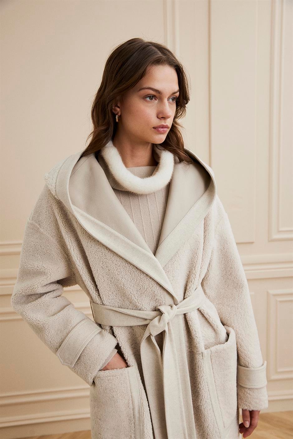 Shaky Women's Shearling Coat with Textile trimming Beige/TT5081