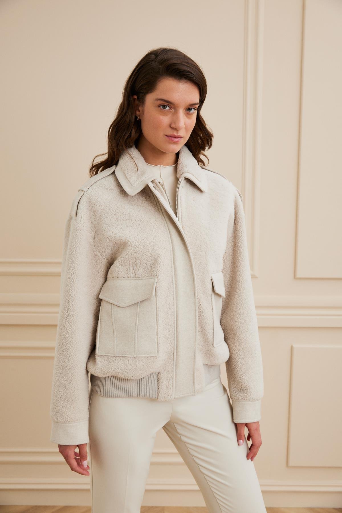 Shaky Women's Shearling Jacket  With Loro Piana 90% Wool 10% Cashmere Fabric and Knitted Trimming Beige