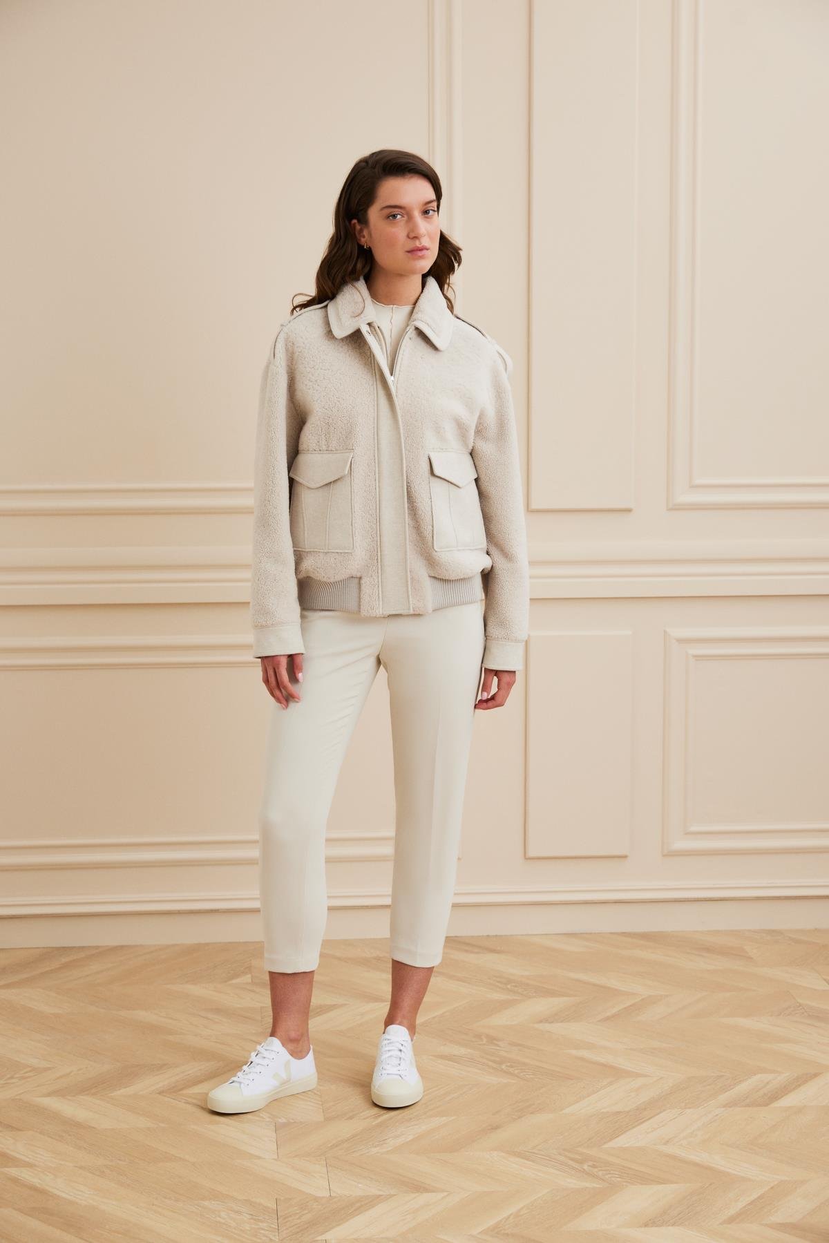 Shaky Women's Shearling Jacket  With Loro Piana 90% Wool 10% Cashmere Fabric and Knitted Trimming Beige