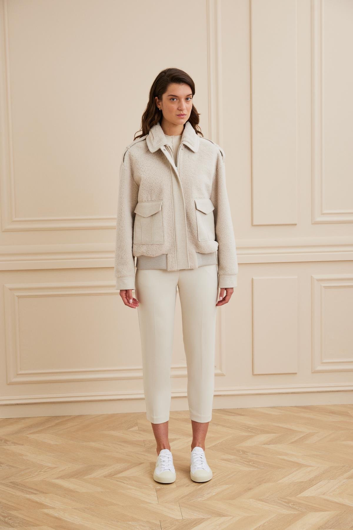 Shaky Women's Shearling Jacket  With Loro Piana 90% Wool 10% Cashmere Fabric and Knitted Trimming Beige