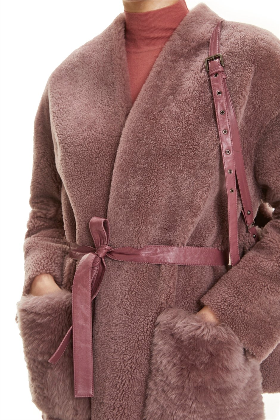 Shaky Women's Shearling Short Coat with Leather trimming